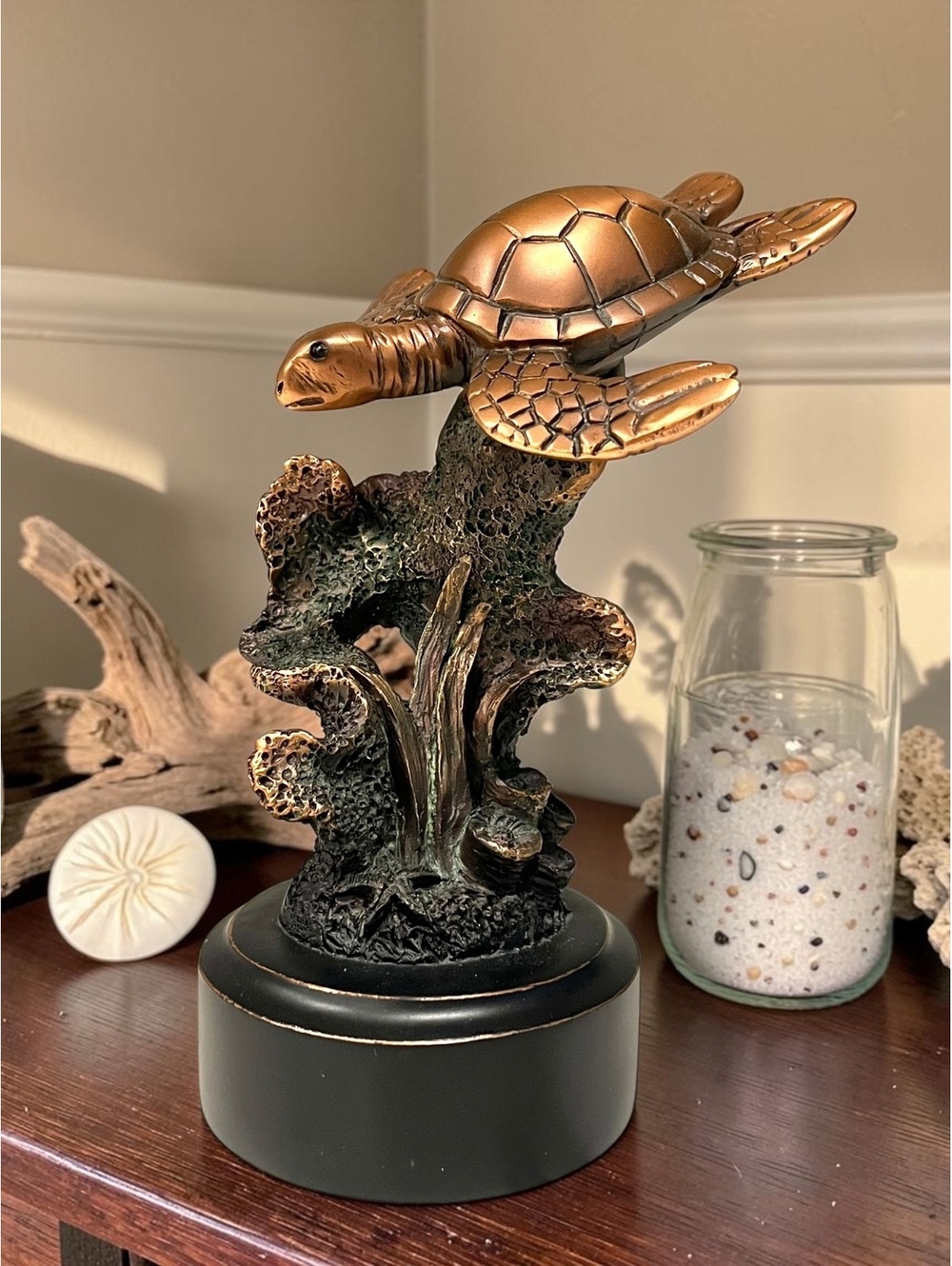 Ebros Sea Turtle Sculpture Figurine Bronze Copper Tone Coral Coastal Decor